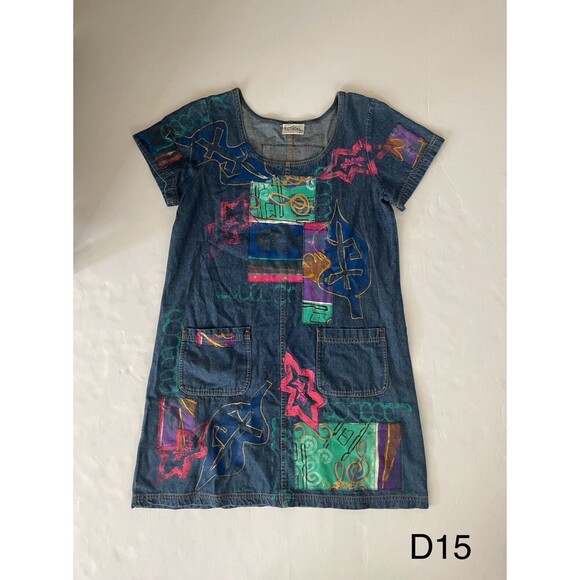 V.C. Torias Art to Wear Signed T-Shirt Dress‎ S/M VTG 90's Blue Denim